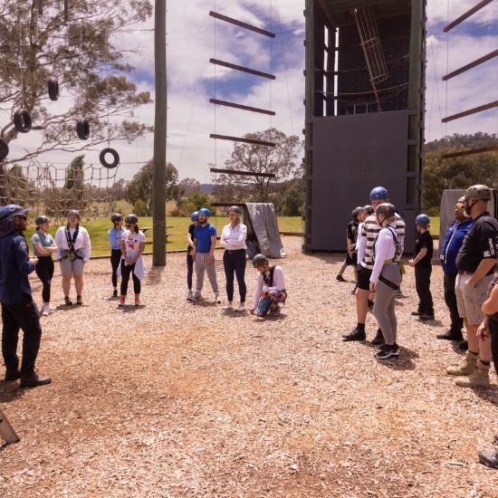 A group of young people at a high-ropes course activity day